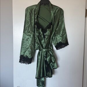 Frederick's of Hollywood Green Satin Robe and Slip Set with Black Lace Trim (S)